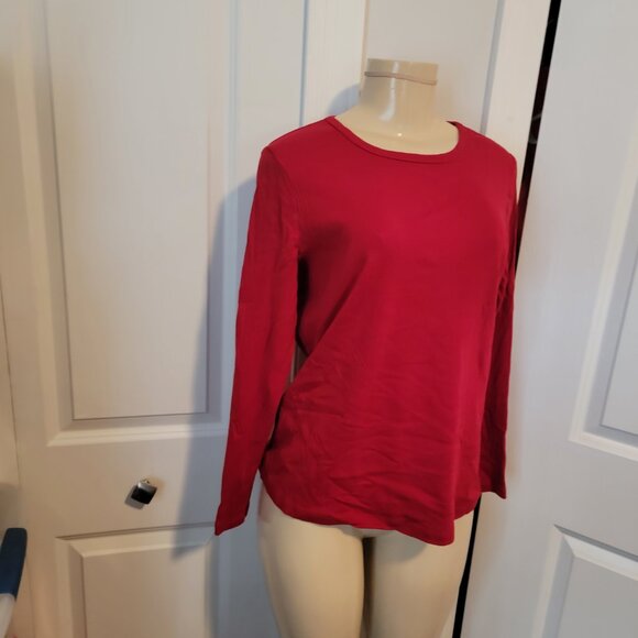 St. John's Bay Bright Cherry Red Long Sleeve Essential Tee 100% Cotton - Picture 2 of 4